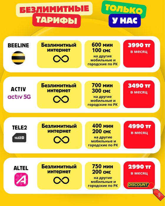 Безлимитный тариф, семейный тариф Билайн Алтел Актив Теле2