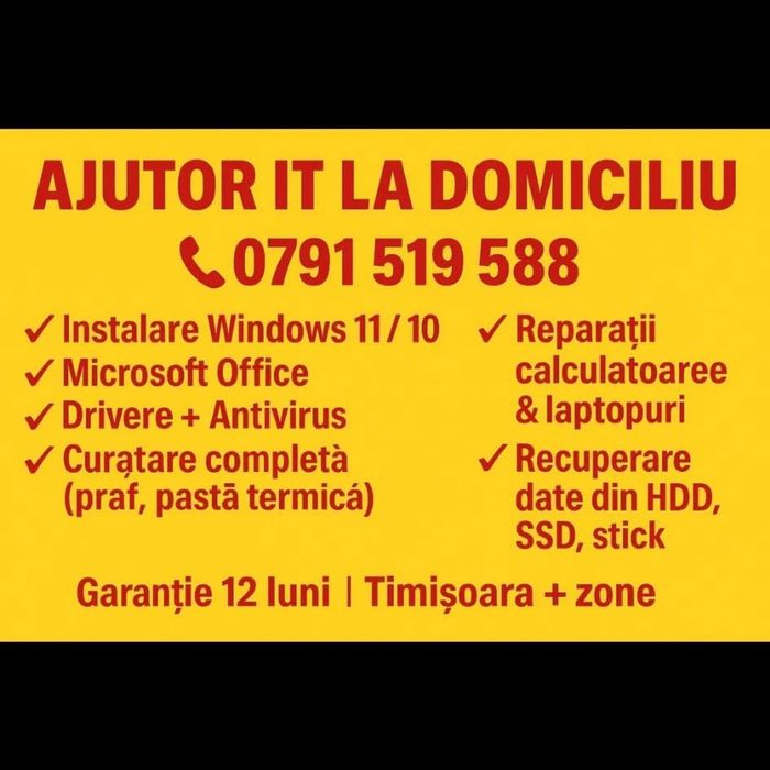 Reparații Calculatoare Laptop la Domiciliu Instalare Windows 11 Office Licență Curățare Upgrade SSD RAM Recuperare Date Imprimante Router WiFi BIOS