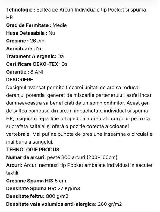 Vand Saltea 180x200 cm Cadar Super Ortopedica Hard Pocket