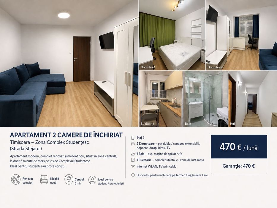 Apartament dcomandat cu 2 camere de închiriat - renovat complet - Zona Complex