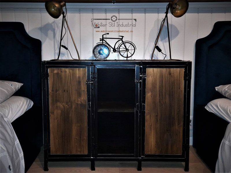 Comoda stil industrial fier si lemn natural-cu 3 usi-realizata manual