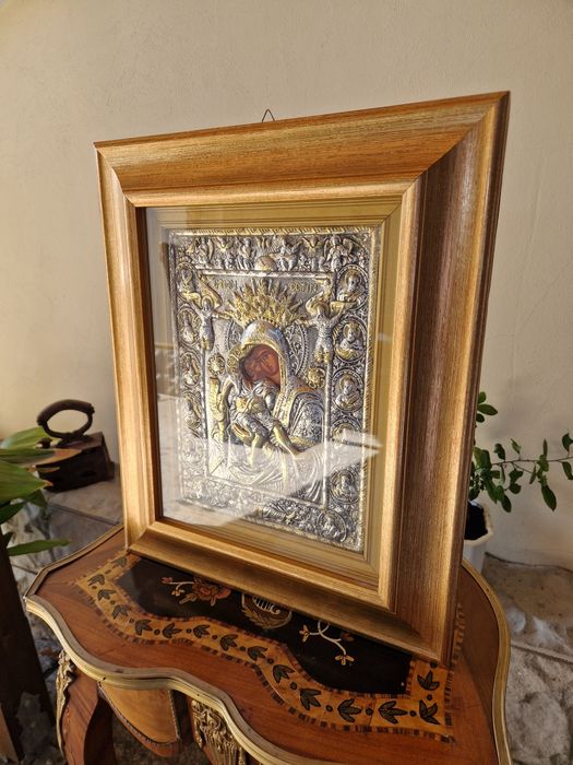 Прекрасна голяма антикварна сребърна икона сертификат маркировки