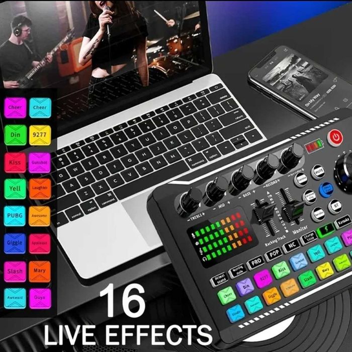 Placa de sunet externa cu efecte de sunet și voce Mixer DJ Amplificare sunet Bluetooth 5.0 și baterie integrata , Ideal Karaoke Podcast sau Tiktok