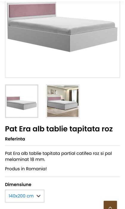 Pat dublu alb cu tapitărie roz/pink