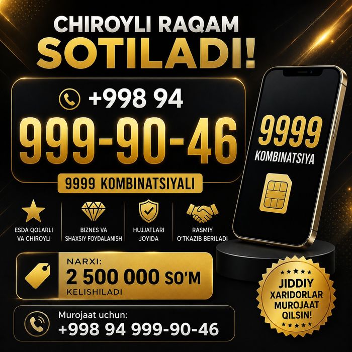 Chiroyli raqam sotiladi  9999