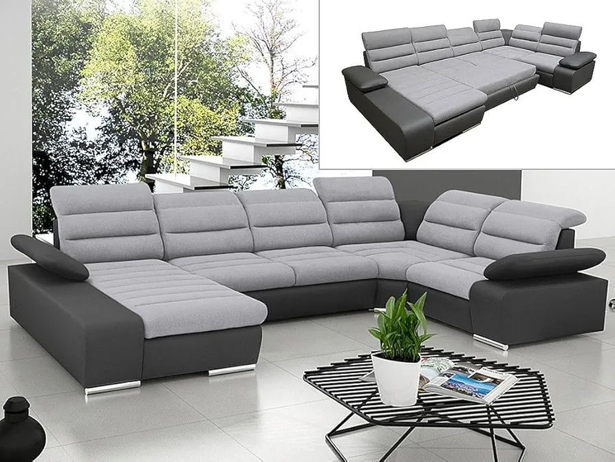 NOU Colțar U form XXL, 360cm, CREAM/ GRI, extensibil, ladă depozitare