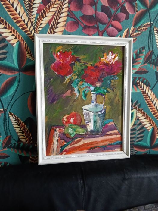 Tablou vechi românesc, G. Petrascu_Natura statica cu crizanteme si fru