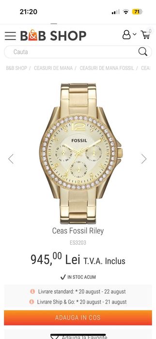 Ceas de damă Fossil Riley   auriu, elegant, cu cutie originală