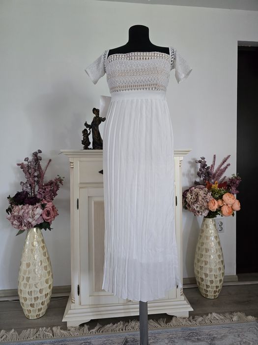 Rochie maxi cu broderie, maneci brodate ,plisata, feminina ,
