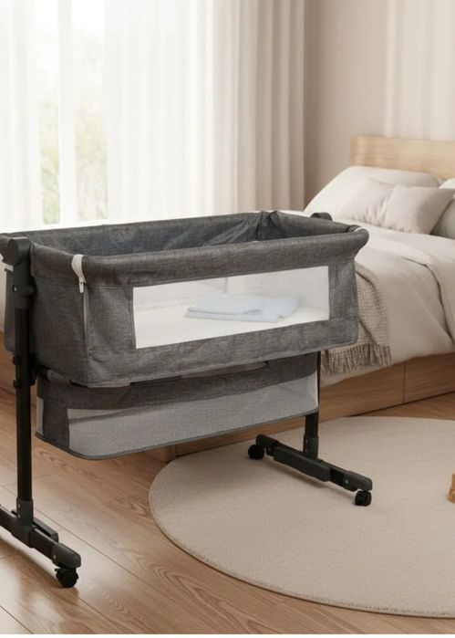 Pătuț Co-Sleeper Reglabil pentru Bebeluşi, Poliester + Metal, cu Roti și Coș