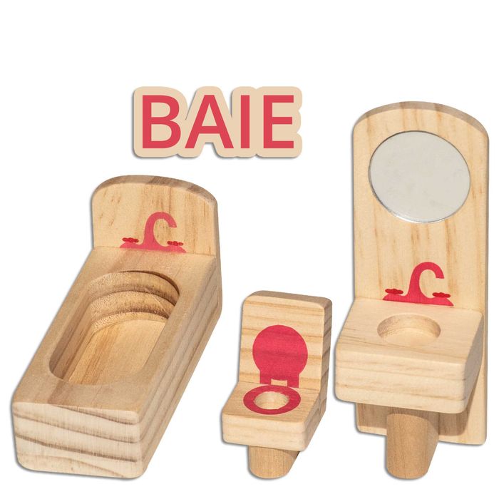 Casuta de papusi cu mobilier din lemn, 55x36x53 cm