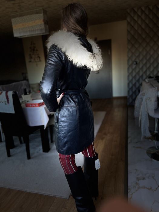 Rockeds черно кожено яке дълго палто С качулка с лисица