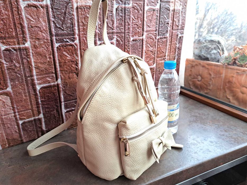 дамска раница,кожена,чанта-естествена кожа,бежово,слонова кост
