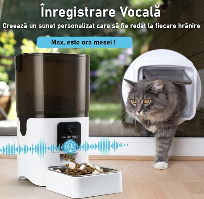 Hrănitor Automat Smart pentru Câini și Pisici Fish & Paws, Capacitate 6L, WiFi Dual 5G/2.4G, Cameră Live 1080p Full HD, Audio Bidirecțional, Nou