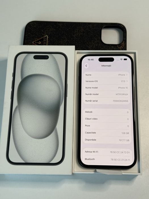 iPhone 15 Black 128 GB full box 95% + husa Guess / Factura / Garantie !