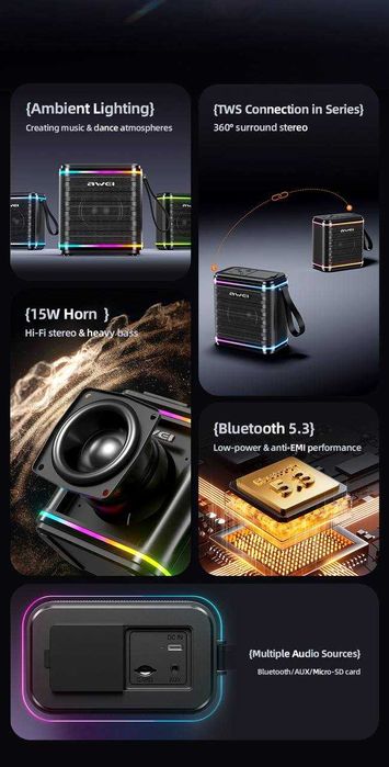 Awei KA3 — Портативная Bluetooth-Колонка RGB 15W. Есть доставка