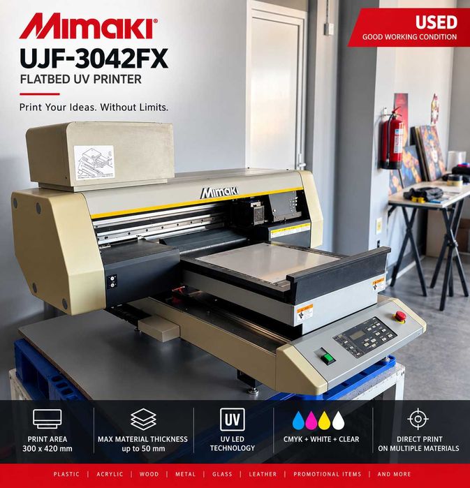 Mimaki UJF-3042FX – Imprimantă UV Flatbed Profesională – CMYK + Alb + Lac