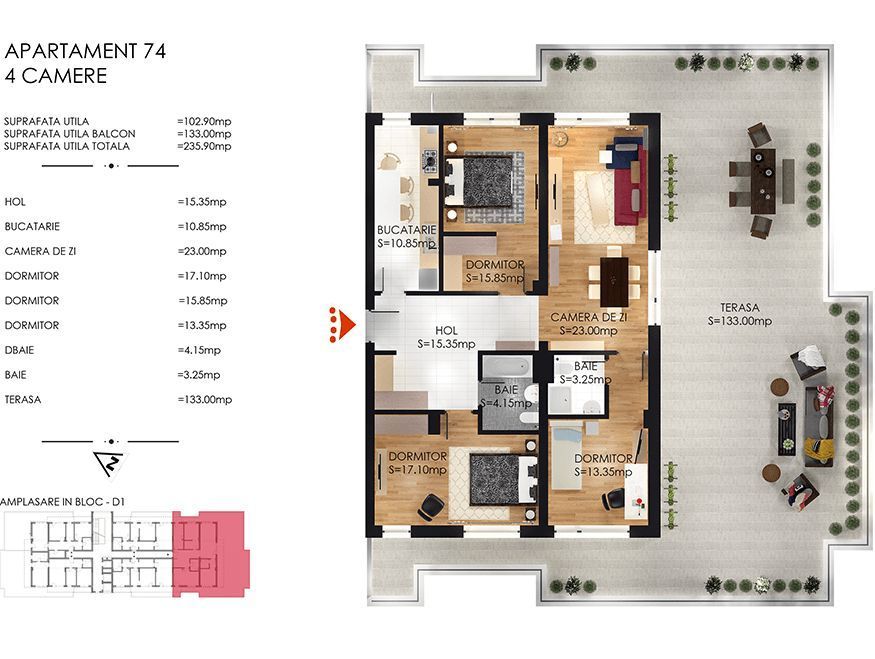 Apartament 4 camere finalizat cu terasa, Cartierul Solar, Metalurgiei