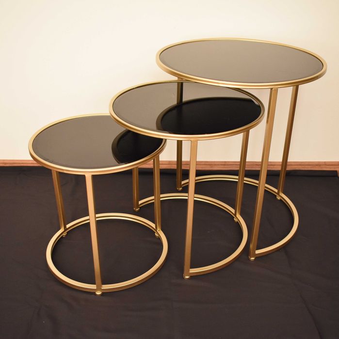 Set mese sticla 3 in 1 rotund negru cadru auriu -TRANSPORT GRATUIT