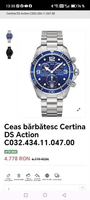 Ceas Certina DS Action Chronograph Quartz Chronometer 43 mm 300 m W. R