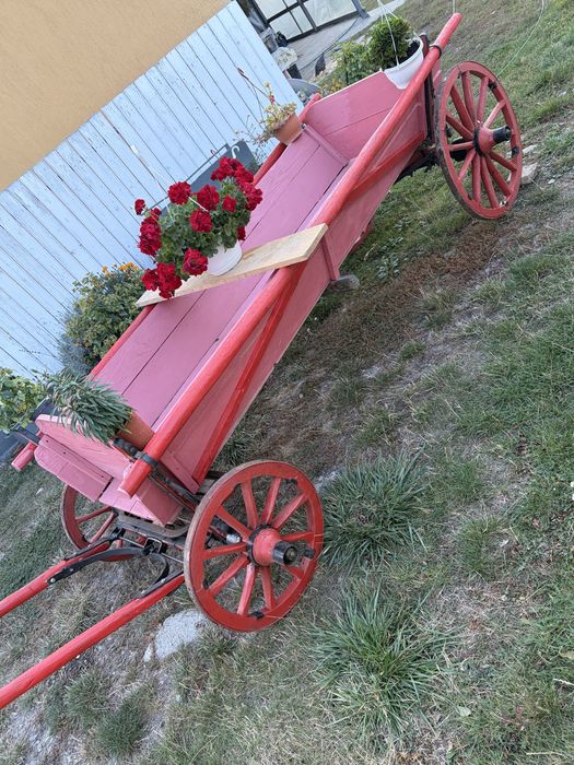Vând căruță tradițională din lemn, cu aspect rustic și construcție solidă.