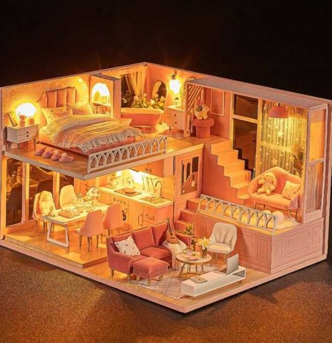 Jucarie cadou Macheta casa papusi, iluminare LED, apartament