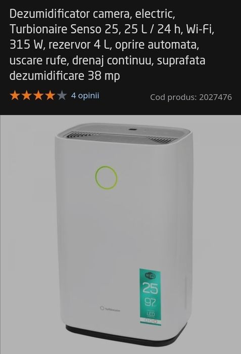 Dezumidificator camera, 25 L / 24 h, 315 W