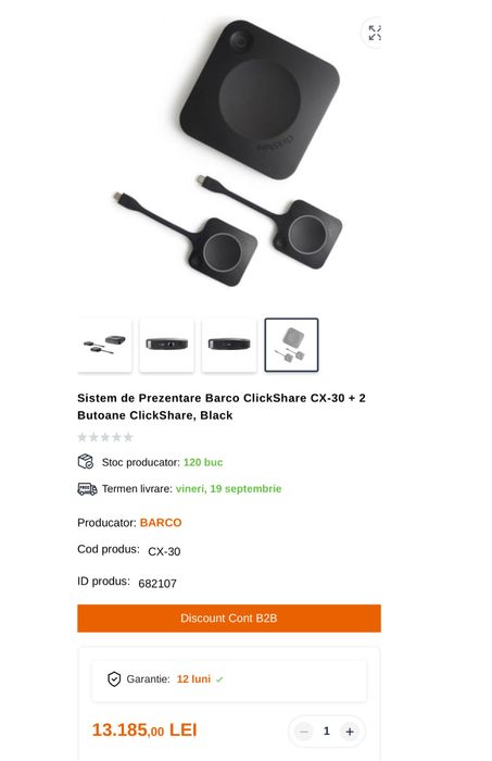 Fane Amanet: Barco ClickShare CX-30 + 2 Butoane, Nou