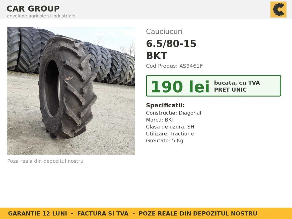 ANVELOPE 6.5/80-15 6.50-15 65/80-15 6.5 80 15 BKT Cauciucuri Remorca Utilaj Agricol Implement SH GARANTIE