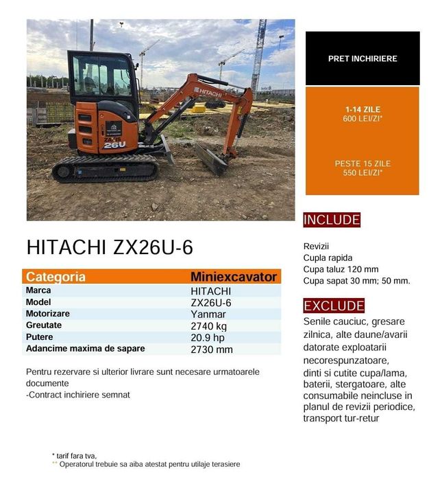 Inchiriere Miniexcavator HITACHI ZX26U-6