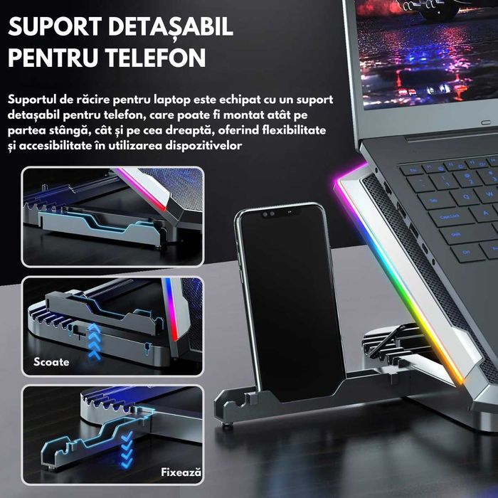 Cooler laptop, Suport de Racire RGB cu 8 Ventilatoare, 6 Trepte Reglab