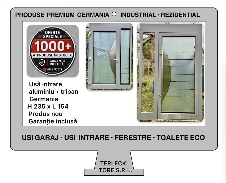 Ușă intrare aluminiu cu luminator l tripan Germania H 235 x L 154 Produs Nou