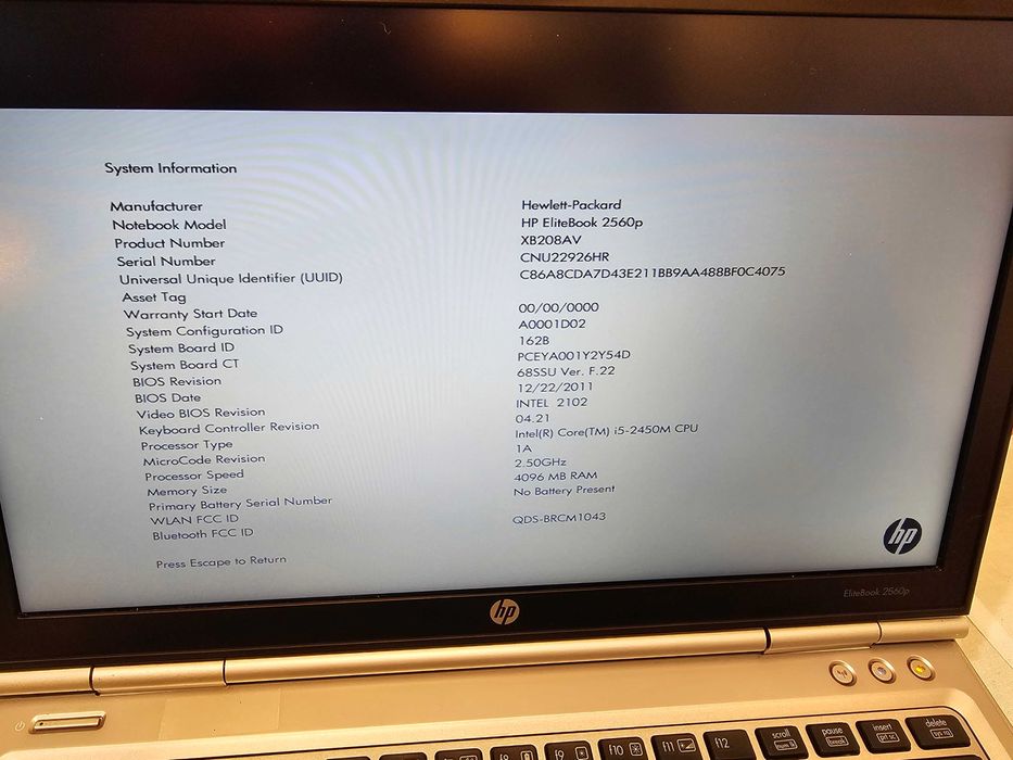 Laptop HP Elitebook 2560p Intel i5 4gb ram defect