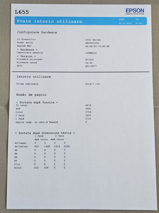 Imprimantă Multifuncțională Epson L655 – CISS, (Print / Scan / Copie / Fax), Duplex, Wi-Fi, ADF, Test Duze Impecabil, Uz ocazional