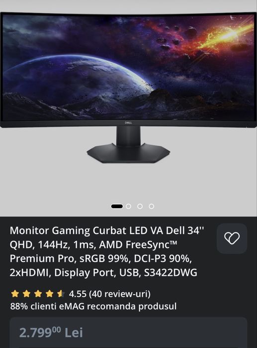 Monitor Gaming Curbat LED VA Dell 34 QHD 144Hz 1ms AMD FreeSync Premium Pro
