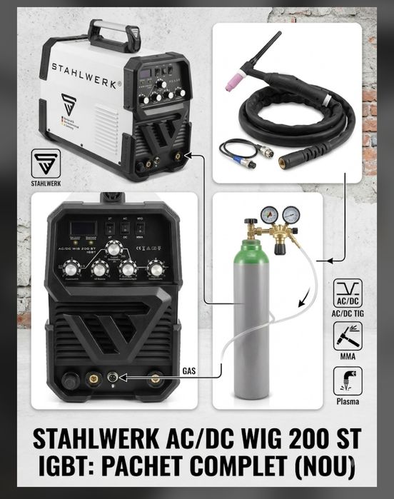 Aparat de sudură STAHLWERK AC/DC WIG 200 ST IGBT + Butelie cu Reductor – NOU