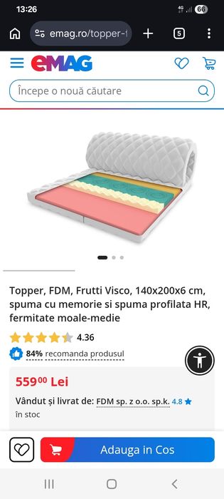 Topper saltea FDM Frutti Visco 140x200x6cm nou