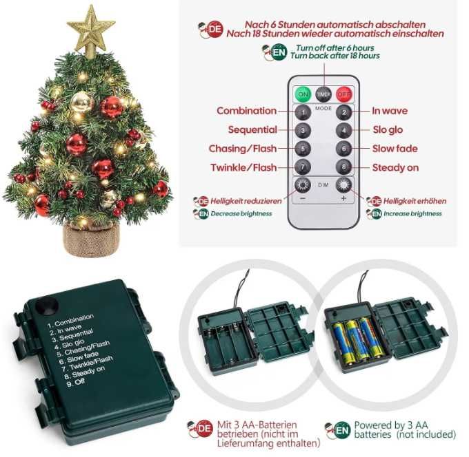 Brad miniatural Yorbay 40 cm, Globuri, Lumini LED și Telecomandă