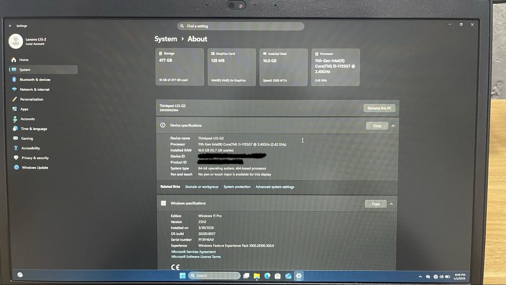 Lenovo L15 Gen2, i5-1135G7, 16GB Ram, в гаранция до 2/2027