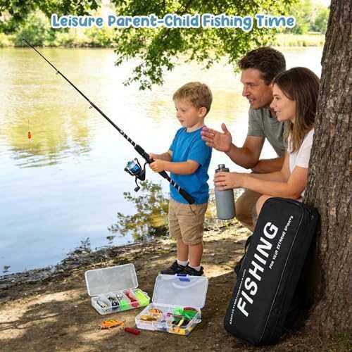 Нов Комплект детски въдици 2 броя с примамки макара чанта аксесоари рибар