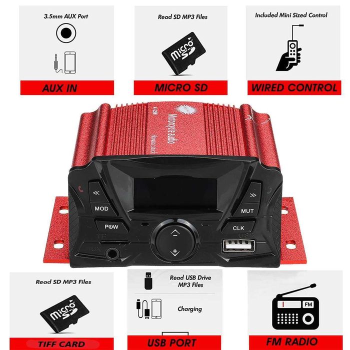 Sistem audio moto/scuter/atv USB/MP3/FM Radio/Alarma