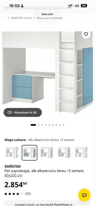 Pat supraetajat, alb albastru/cu birou +3 sertare, 90x200 cm