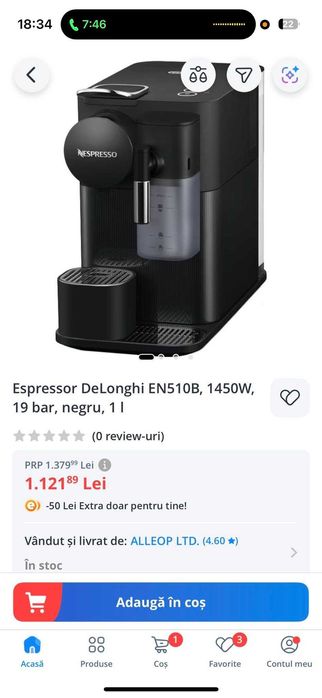 Espressor DeLonghi EN510B, 1450W, 19 bar, negru, 1 l  sigilat
