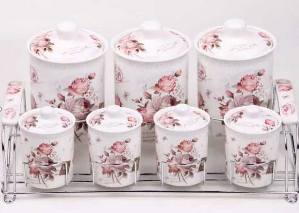 Порцеланови буркани+метална стойка 7бр