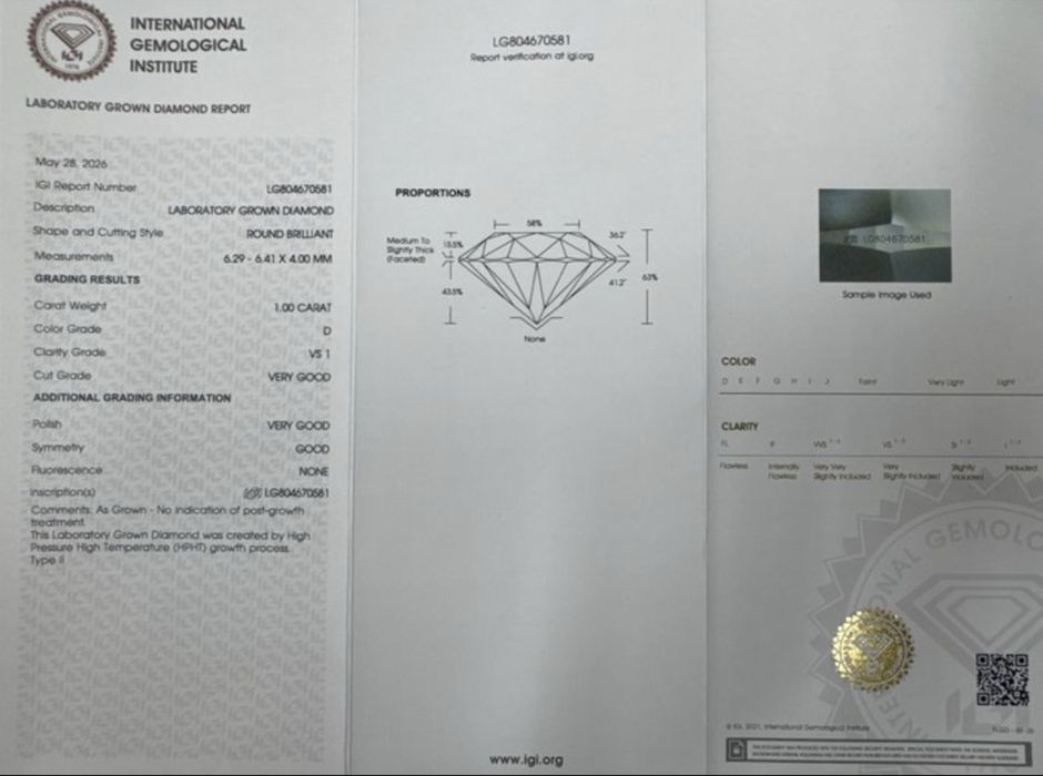 Златна висулка 14к с 1.00ct Диамант и IGI Сертификат (D / VS1)