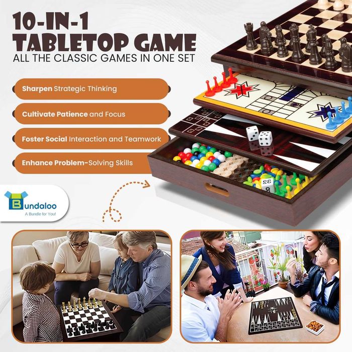 Чисто нов комплект за настолни игри Bundaloo 10 в 1 в компактен шкаф