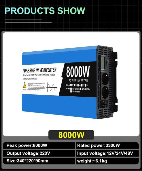 Invertor Easun, 12V sau 24V, 4000W, 5000W, 8000W  Sinus pur ,Albastru