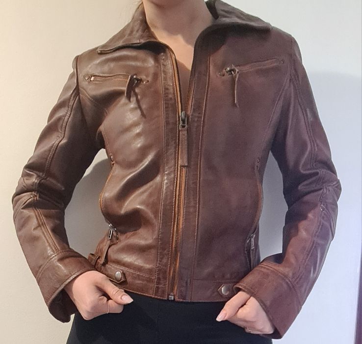 Geacă piele naturală damă S (36) maro, cambrată, nepurtată