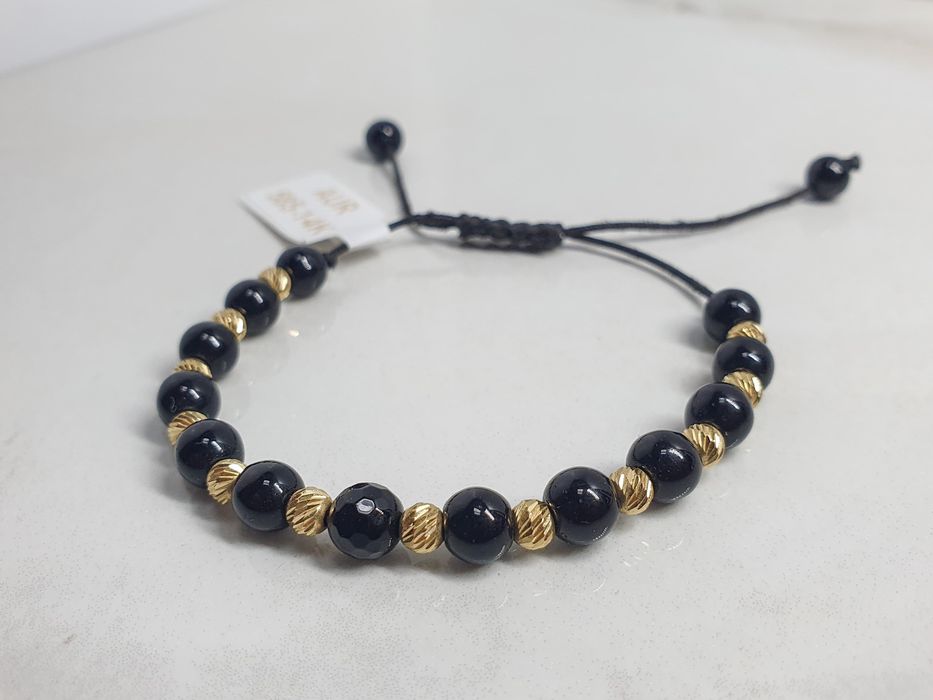 Brățară reglabilă pe șnur negru cu onix și aur de 14K – 1,20 g