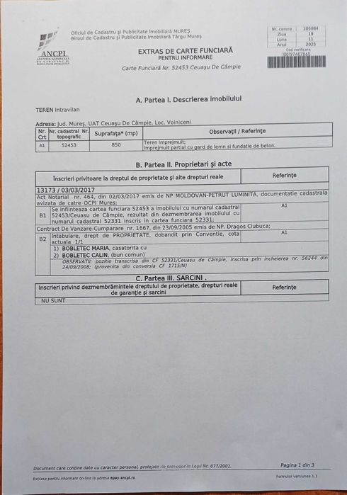 Teren de vanzare in Voiniceni, bun pentru constructii